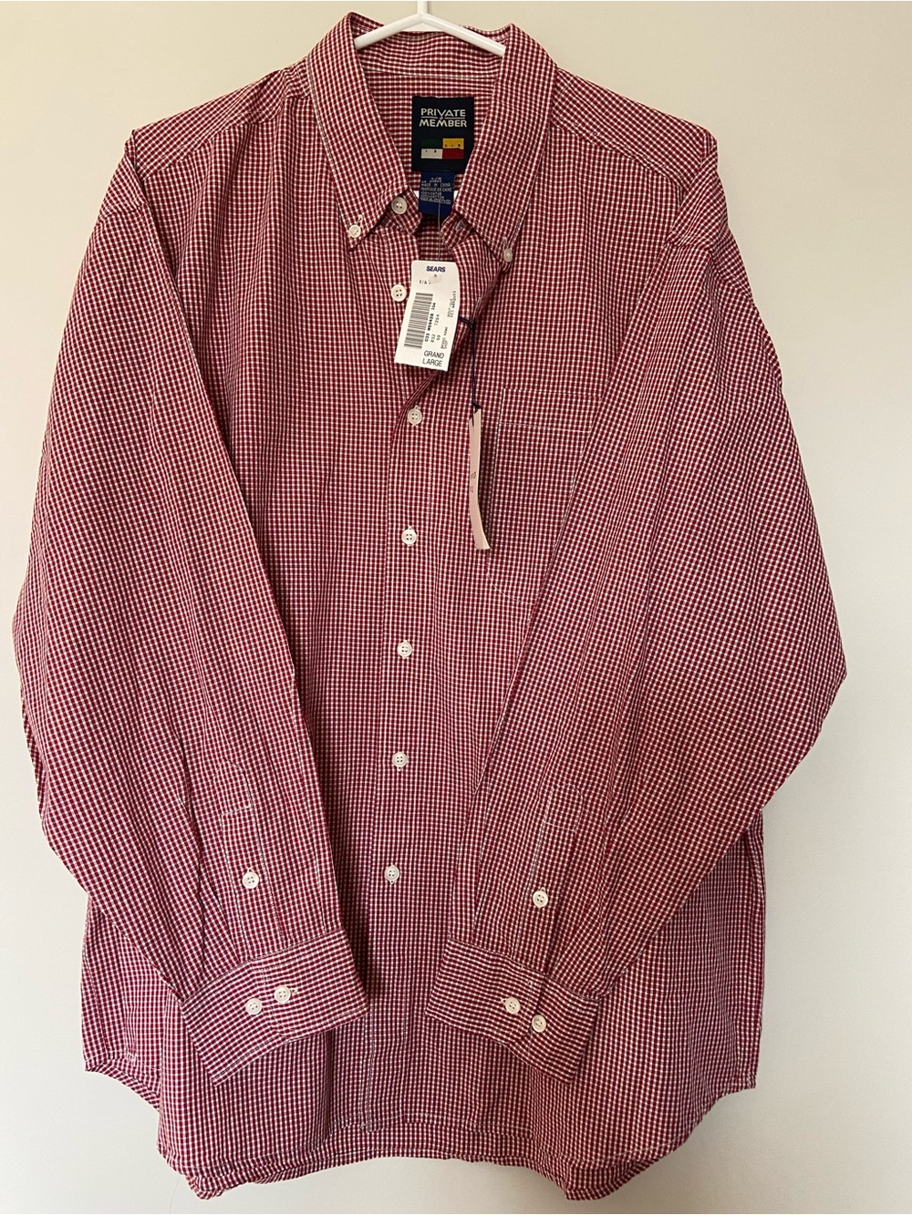 100% cotton men’s large, red gingham button down, new with tags. Deadstock